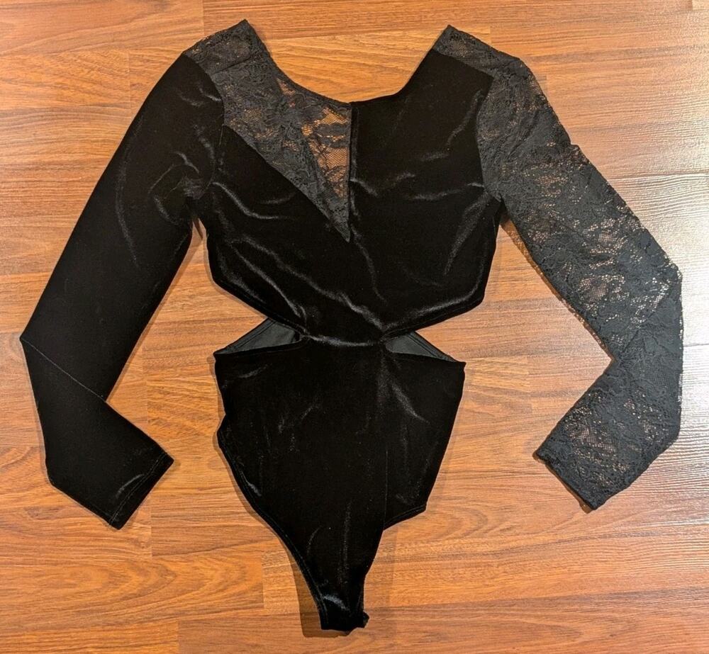 Y2K Express Womens S Black Velvet Lace Bodysuit Goth Long Sleeve Cutout Top
